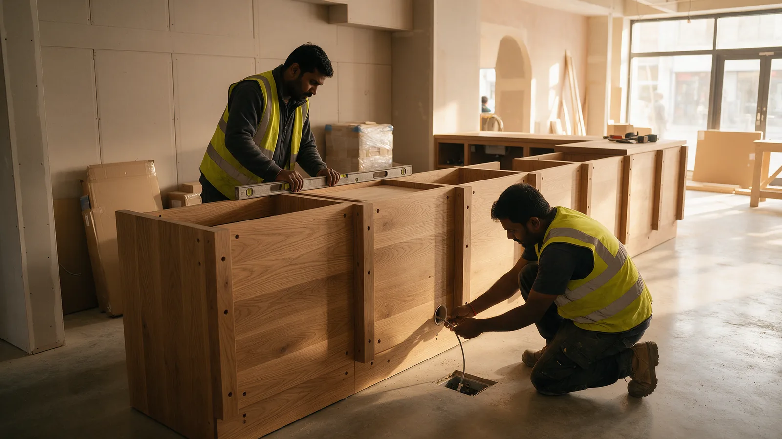 Installation crew bolting pre-manufactured counter modules together and checking alignment with a spirit level